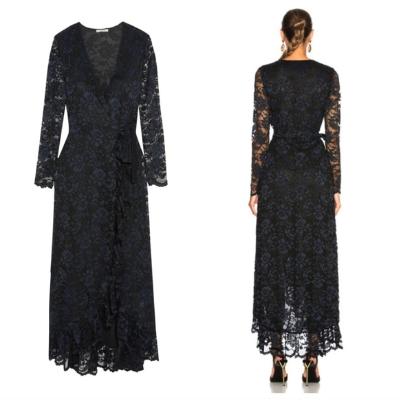 GANNI Flynn Lace V neck Wrap Ruffle and Lace Dress - Picture 2 of 16